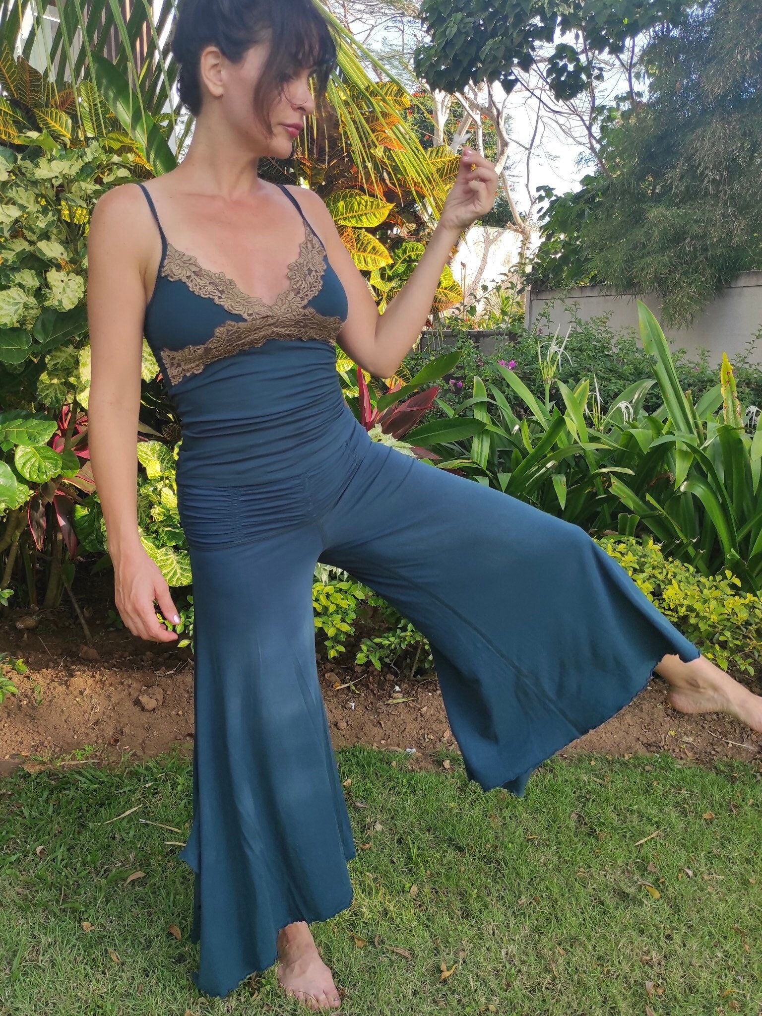 FLOWY yoga dance pants, ruched waistband wide legs gaucho pants