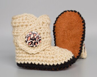 Leopard Infant Baby Shoes, Cream Newborn Boots, Gender Neutral Present, Fall Baby Girl Outfit, Crochet Baby Booties in 0-3 M to 12-18 Months