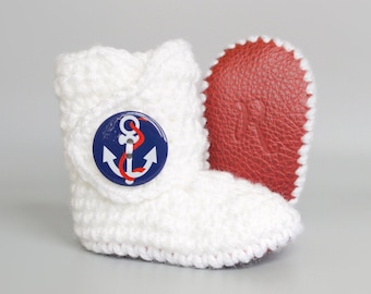 Nautical Baby Boots, White Baby Shoes, Red Crib Shoes, Anchor Boy Outfit, Baby Girl Clothes, Patriotic Baby Gift, Red White and Blue Booties