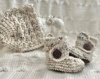 Neutral Oatmeal Crochet Non Slip Suede Booties Ivory Gray Fleck Baby Bonnet Brown Leather Soft Sole Shoes Off White Knit Handmade Hat Set