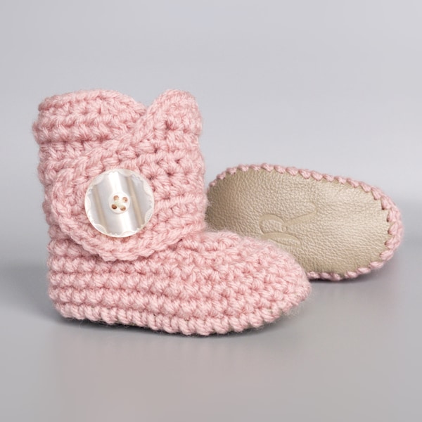 Rose Pink Crochet Baby Shoes, Champagne Leather Baby Boots, Knit Baby Girl Outfit, Ballet Infant Booties, Newborn Baby Gift, 0-3M to 12-18M