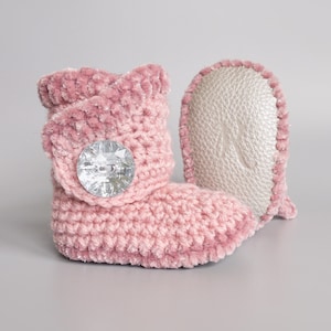 Sparkly Pink Crochet Baby Booties with Platinum Leather Soft Soles, Rose Velvet Trim, and a Working Bling Button, 0-3M to 12-18M