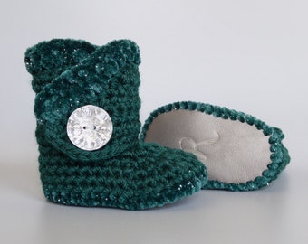 Holiday Baby Shoes, Evergreen Crochet Baby Booties, Sparkly Jade Dressy Infant Shoes for Girls, Bling Christmas Outfit, Winter Baby Clothes