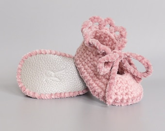 Sparkly Rose Pink Dressy Baby Girl Shoes with Velvet Trim, Platinum Leather Slippers, Spring Crochet Baby Booties, Easter Baby Shower Gift