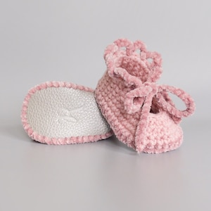 Sparkly Rose Pink Dressy Baby Girl Shoes with Velvet Trim, Platinum Leather Slippers, Spring Crochet Baby Booties, Easter Baby Shower Gift