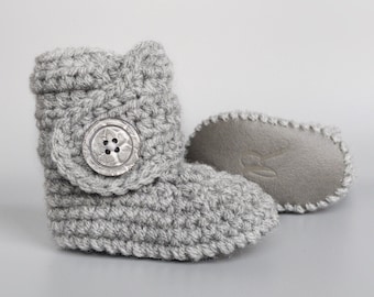 Gray Leather Crib Shoes, Crochet Baby Booties, Knit Gray Baby Boots, Handmade Present for Boy, Baby Shower Gift, Grey Infant Outfit