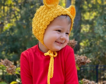 Winnie the Pooh Hat: Yellow Crochet Baby Bonnet with Bear Ears, Newborn to Toddler