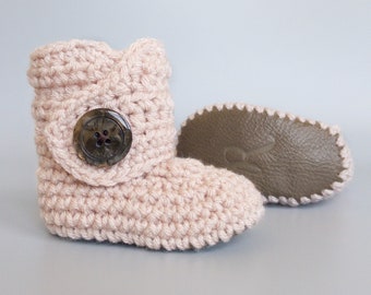 Pink Infant Baby Shoes, Handmade Brown Leather Crochet Baby Booties, 0-3M to 12-18M Pink Girl Gift, Baby Shower Present, Cute Crib Shoes