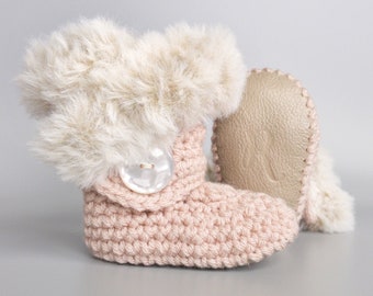 Baby Gifts for Girls, Pink Baby Shoes, Blush Crochet Clothes, Knit Girl Outfit, Leather Infant Boots, Fur Crib Shoes, Valentine's Baby Gift