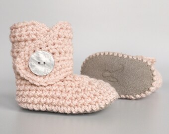 Baby Crochet Boots, Pink Baby Booties, Spring Infant Outfit, Baby Shower Gift or It's a Girl Announcement Prop, Handmade Blush Baby Shoes