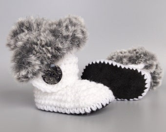 Baby Shoes for Girls, White and Black Infant Booties, White Baby Clothing, Knit Winter Booties, Unique Baby Shower Gift, Soft New Walkers