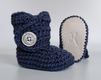 Navy Baby Booties, Coming Home Outfit, Blue Newborn Clothes, Infant Boy Shoes, Gray Leather Boots, Denim Crib Shoes, Unisex Baby Clothing