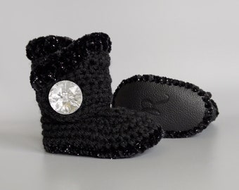 Black Sparkly Velvet Trimmed Winter Baby Shoes with Bling Button and Genuine Black Leather Soft Soles, Handmade Crochet Baby Booties