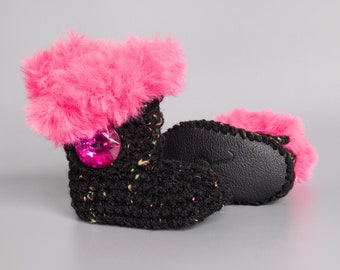 Hot Pink and Black Baby Girl Shoes with Neons Flecks, Black Leather Soft Soles, and Pink Bling Button