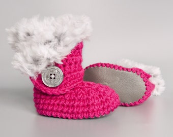 Fuchsia Pink and White Fur Baby Shoes with Silver Leather Soft Soles, Hot Pink Crochet Baby Booties, Girl Coming Home Outfit, 0-3M to 12-18M
