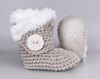 White Fur and Silver Leather Crochet Baby Booties, 0-3 M Handmade Baby Girl Outfit, Adorable Knitted Girl Booty