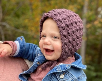 Crochet Baby Bonnets in Linen, Lilac, Lavender, Merlot, Tea Rose and Dusty Pink from sizes Newborn to Toddler, Baby Shower Gift for Girls