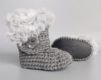 Winter Fur-Topped Gray and Black Crochet Baby Booties for Gender Neutral Infant Gift