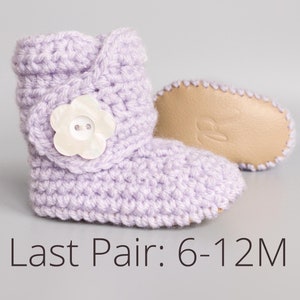 6-12 Months Spring Lilac Purple Crochet Baby Booties Beige Leather Soft Sole Shoes Lavender Baby Shower Gift for Girl First Walking Shoes