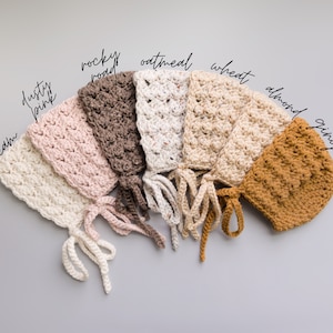 Crochet Baby Bonnets in Ginger, Dusty Pink, Oatmeal, and Cream from sizes Newborn to Toddler, Handmade Baby Shower Gift
