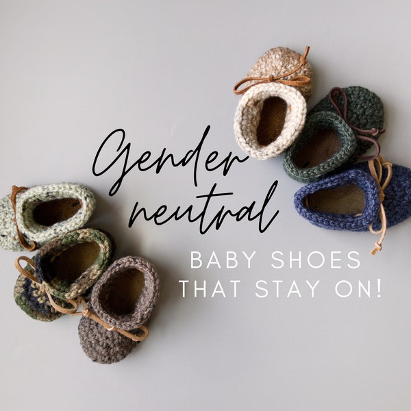 Gender Neutral Baby Shoes That Stay On, Handmade Brown and Green Unisex Baby Booties, Leather Crochet Infant Moccs, Neutral Baby Shower Gift