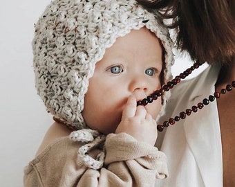 Ivory Oatmeal Gender Neutral Crochet Baby Bonnet, Handmade Baby Shower Gift, Unisex Newborn Coming Home Outfit, Knit Baby Girl Clothing