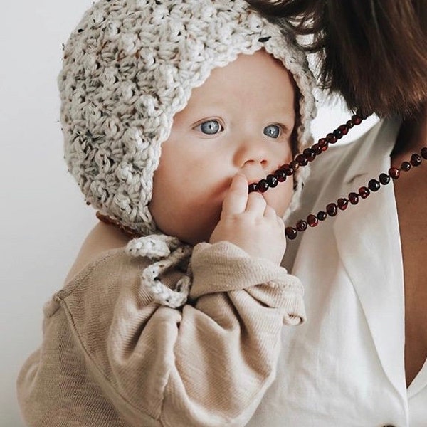 Ivory Oatmeal Gender Neutral Crochet Baby Bonnet, Handmade Baby Shower Gift, Unisex Newborn Coming Home Outfit, Knit Baby Girl Clothing