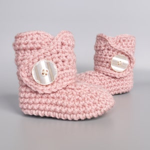 Rose Pink Crochet Baby Shoes, Champagne Leather Baby Boots, Knit Baby Girl Outfit, Ballet Infant Booties, Newborn Baby Gift, 0-3M to 12-18M image 2