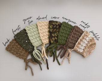 Crochet Baby Bonnets in Almond, Bark Brown, Forest Green, and Camo from sizes Newborn to Toddler, Gender Neutral Handmade Baby Shower Gift