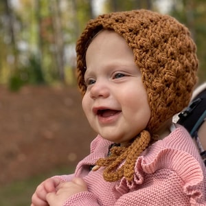 Crochet Baby Bonnets in Ginger, Dusty Pink, Oatmeal, and Cream from sizes Newborn to Toddler, Handmade Baby Shower Gift image 6