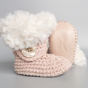 Ivory Faux Fur and Blush Pink Crochet Baby Booties, Warm Winter Baby Shoes for Girl, 0-3 M to 12-18 M, It's a Girl Announcement Gift