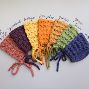 Fall Crochet Baby Bonnets in Pumpkin, Ginger, Maize, Navy, Green, and Spiced Apple from sizes Newborn to Toddler, Handmade Baby Shower Gift