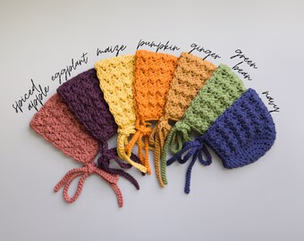 Fall Crochet Baby Bonnets in Pumpkin, Ginger, Maize, Navy, Green, and Spiced Apple from sizes Newborn to Toddler, Handmade Baby Shower Gift