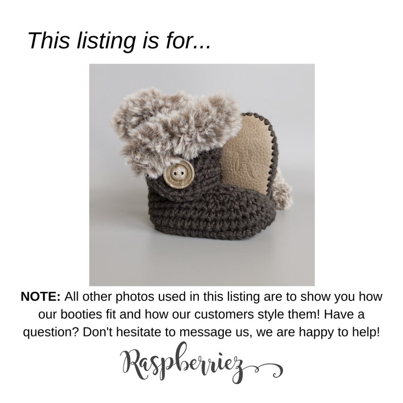 May include: A single crocheted baby bootie in dark gray with a tan faux fur trim and a button closure. The sole is a light tan color. The text "This listing is for..." is at the top of the image, and the text "Raspberriez" is at the bottom.