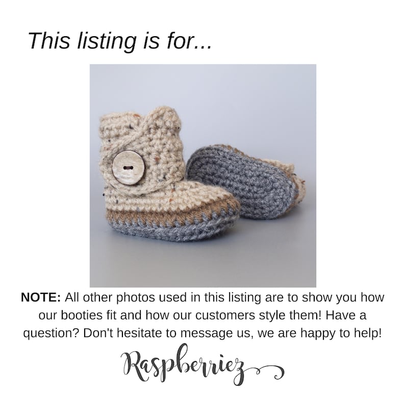 May include: A pair of crocheted baby booties with a button detail. The booties are beige and gray with a brown trim.