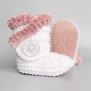 White and Pink Baby Girl Shoes, Tea Rose Velvet Topped Crochet Booties with Pink Suede Soft Soles, Handmade Baby Shower Gift and Keepsake
