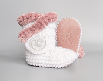 White and Pink Baby Girl Shoes, Tea Rose Velvet Topped Crochet Booties with Pink Suede Soft Soles, Handmade Baby Shower Gift and Keepsake