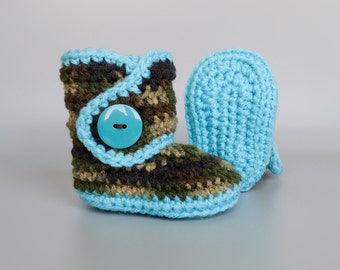 Baby Hunting Clothes, Camouflage Infant Boots, Bright Blue Crochet Crib Shoes, Woodland Newborn Booties, Camo Baby Boy Outfit, Country Booty