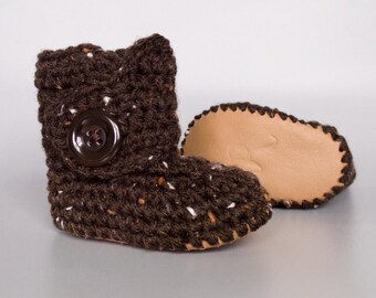 Brown Crochet Baby Booties: Gender Neutral Leather Soles and Working Button