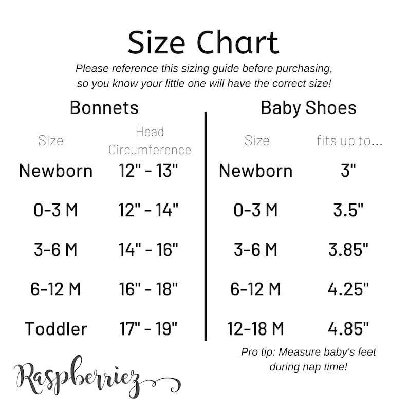 May include: Size chart for baby bonnets and shoes. The chart lists sizes from newborn to toddler, with corresponding head circumference measurements in inches for bonnets and shoe sizes in inches for baby shoes.