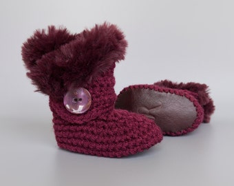 Fur Infant Booties, Burgundy Baby Shoes, Purple Crib Shoes, Plum Fur Uggs, Fall Baby Clothes, Newborn Girl Gift, 0-3 M to 12-18 M Present