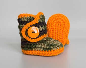 Camo Baby Clothes, Caution Orange and Camouflage Newborn Boots, Gender Neutral Hunting Outfit, Forest Green Country Booties, Infant Shoes