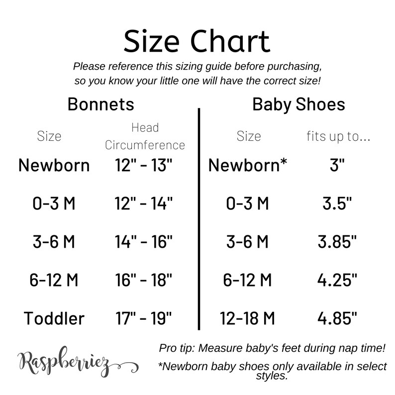 Puede incluir: Tabla de tallas para gorros y zapatos de beb&eacute;. La tabla enumera las tallas desde reci&eacute;n nacido hasta ni&ntilde;o peque&ntilde;o, con las medidas de circunferencia de la cabeza correspondientes en pulgadas para los gorros y las tallas de zapatos en pulgadas para los zapatos de beb&eacute;.