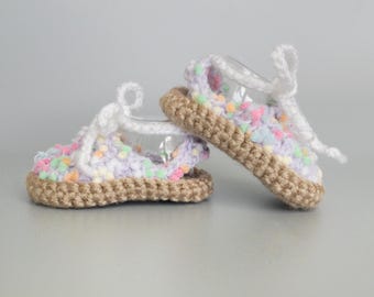 White and Colorful Polka Dot Summer Baby Shoes, Crochet Baby Girl Espadrilles, Spring Coming Home Outfit in 0-3M to 6-12M, Baby Girl Gift