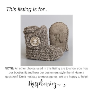 May include: A pair of brown crocheted baby booties with a button on the top and a brown suede sole with the letter "R" embroidered on it.