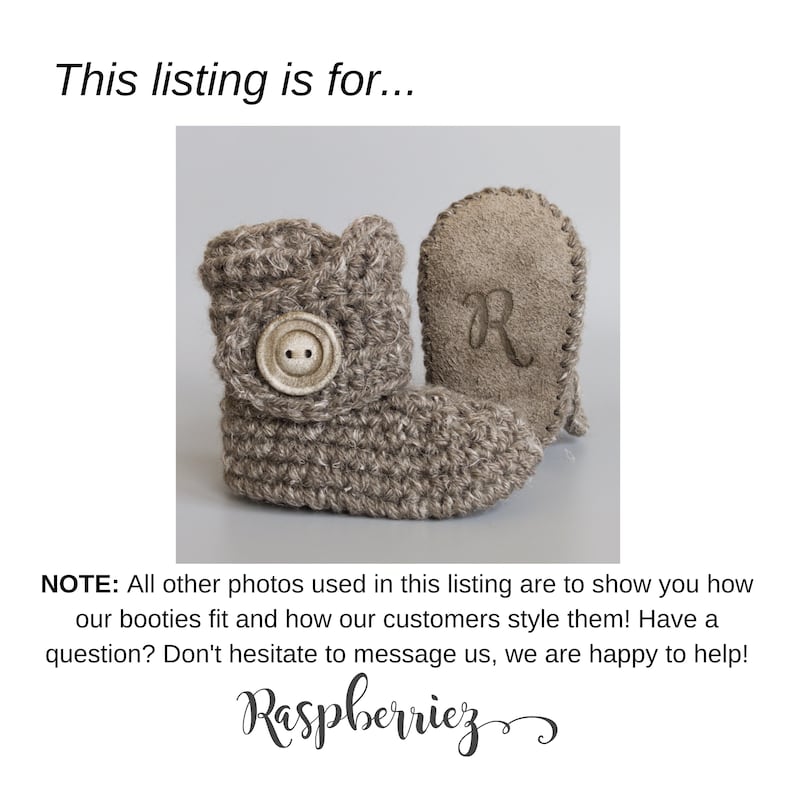 May include: A pair of brown crocheted baby booties with a button on the top and a brown suede sole with the letter "R" embroidered on it.