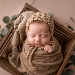 Baby Bonnets in Newborn to Toddler in beige wheat and ivory oatmeal, Gender Neutral Baby Shower Gift, Newborn Photo Props image 3