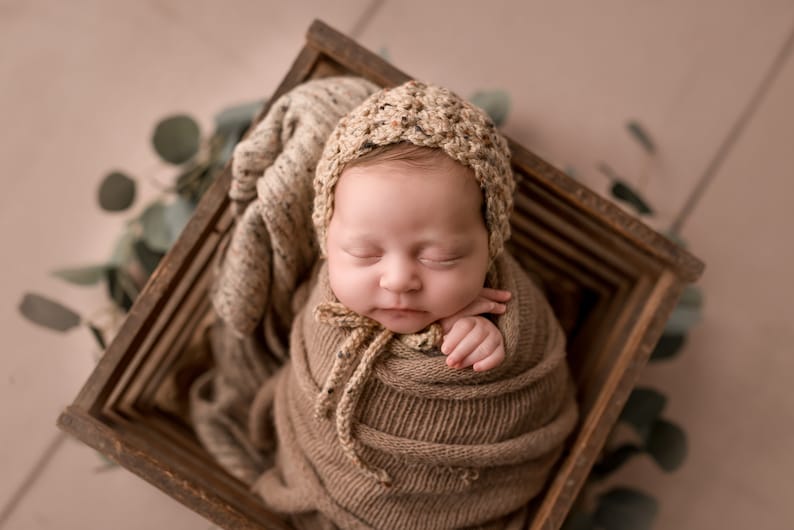 Baby Bonnets in Newborn to Toddler in beige wheat and ivory oatmeal, Gender Neutral Baby Shower Gift, Newborn Photo Props image 3