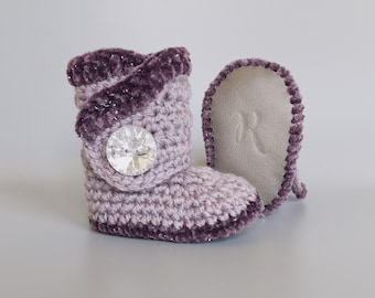 Pastel Purple Booties with Plum Velvet Sparkly Trim, Baby Dress Shoes for Girl in 0-3M to 12-18M, Winter Baby Coming Home Outfit