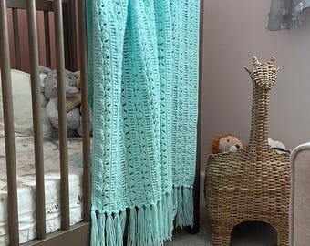 Mint Blue Crochet Baby Blanket with Fringe Oversized Teal Handmade Infant Afghan 54”x29” Throw Blanket Newborn Milestone Photo Backdrop